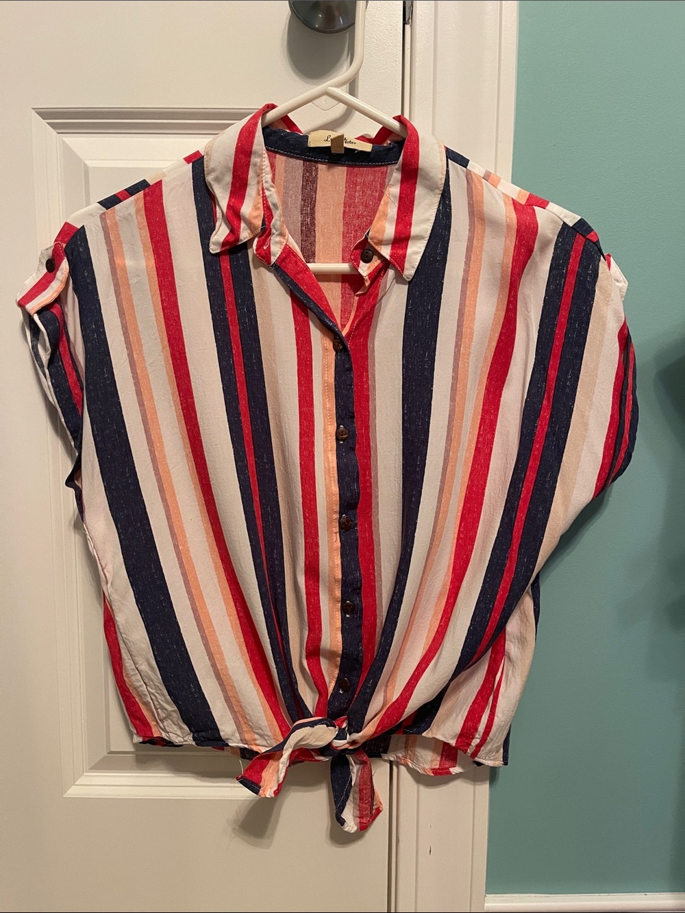 Love Notes Red, Navy & White Striped Tie-Front Button Shirt